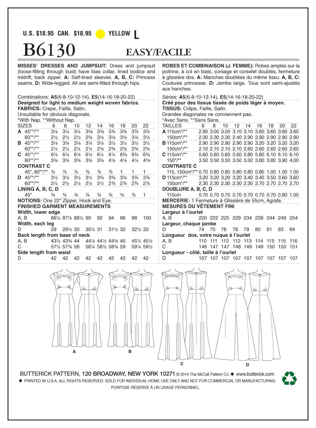 Butterick Misses' Dress and Jumpsuit B6130 - Sewing Pattern