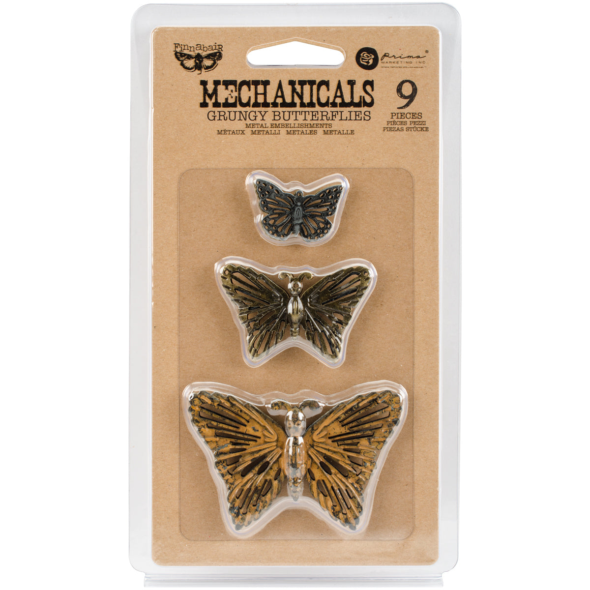 Prima Marketing Finnabair Mechanicals Metal Embellishments - Grungy Butterflies 9/Pkg