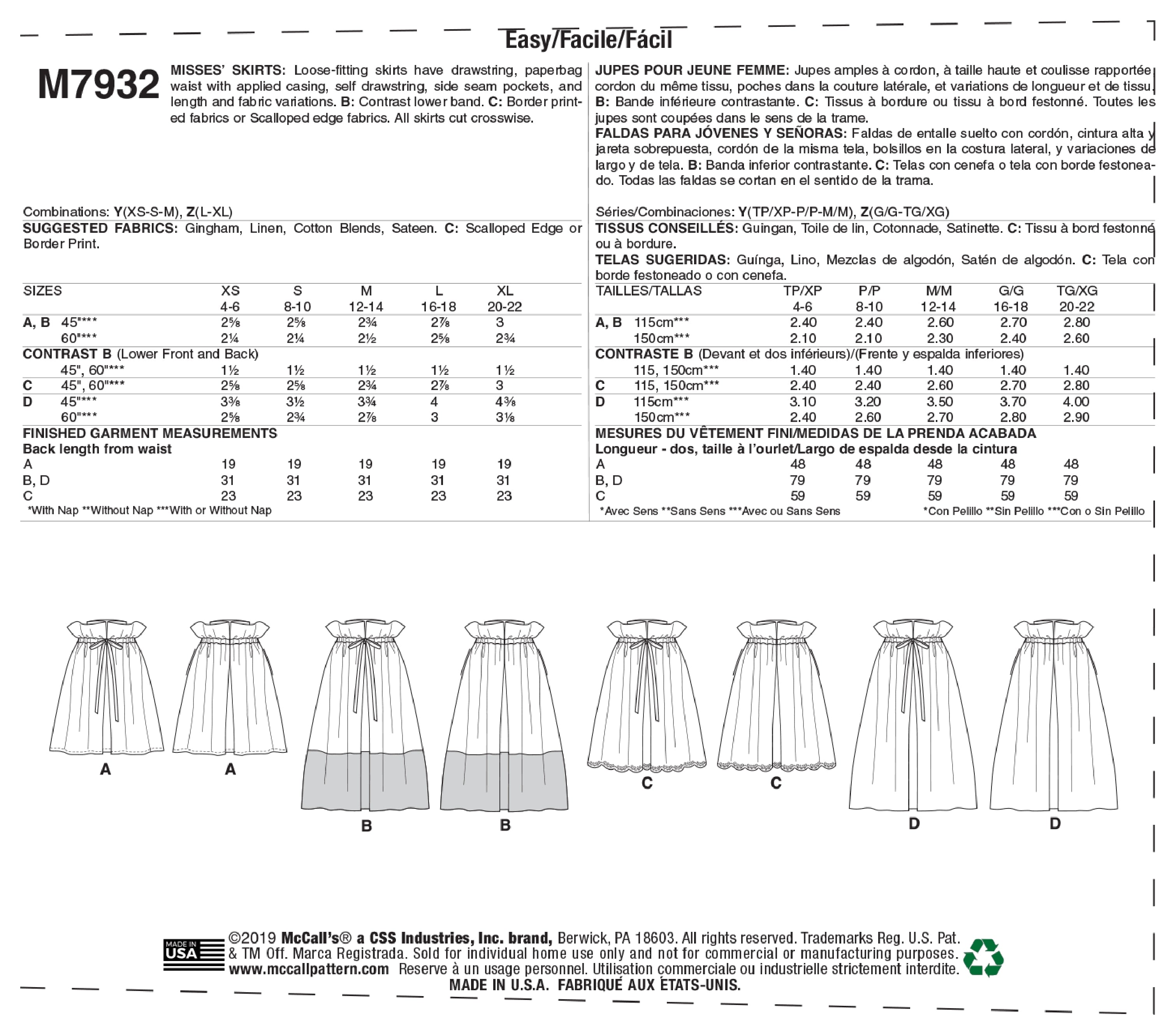 McCall's Misses' Skirts M7932 - Sewing Pattern