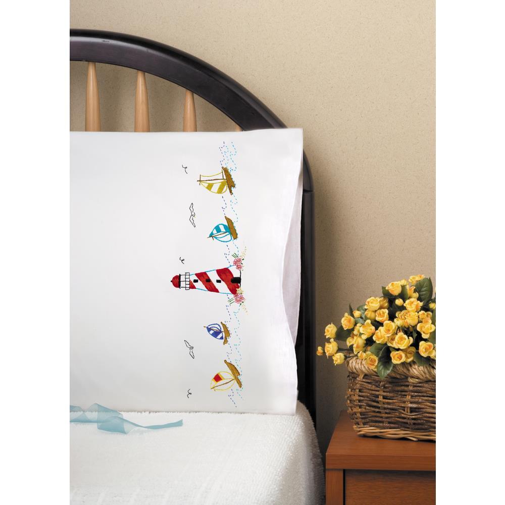 Tobin Stamped Pillowcase Pair 20in x 30in Lighthouse Embroidery Kit