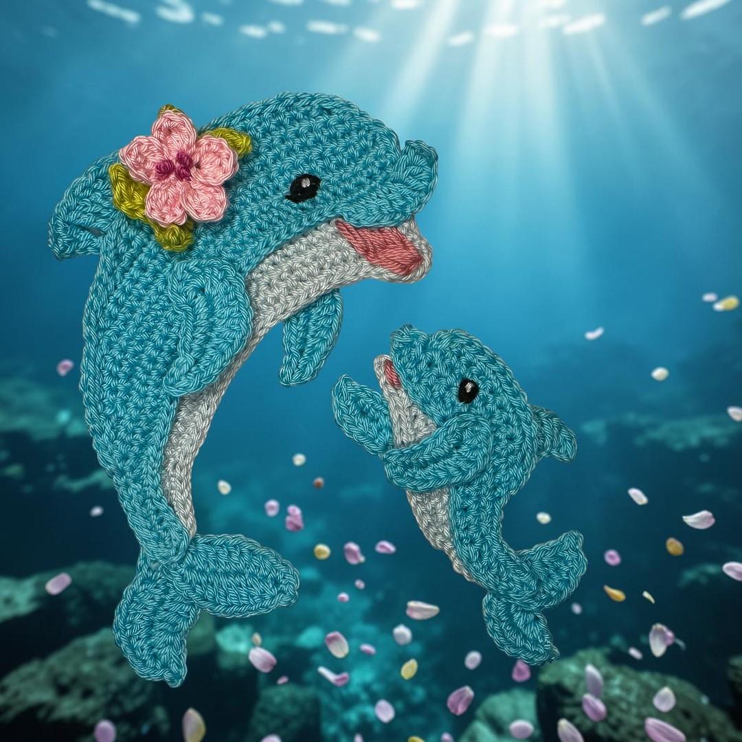 Dolphin Mom & Baby crochet applique pattern