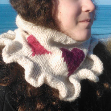 Knitted heart hat, cowl and mittens
