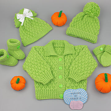 Willow baby cardigan, hats, booties & mitts