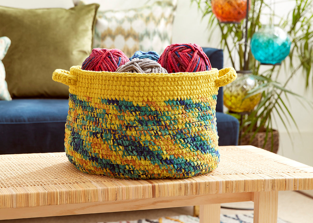Dip Edge Striped Crochet Basket in Bernat Blanket - Downloadable PDF
