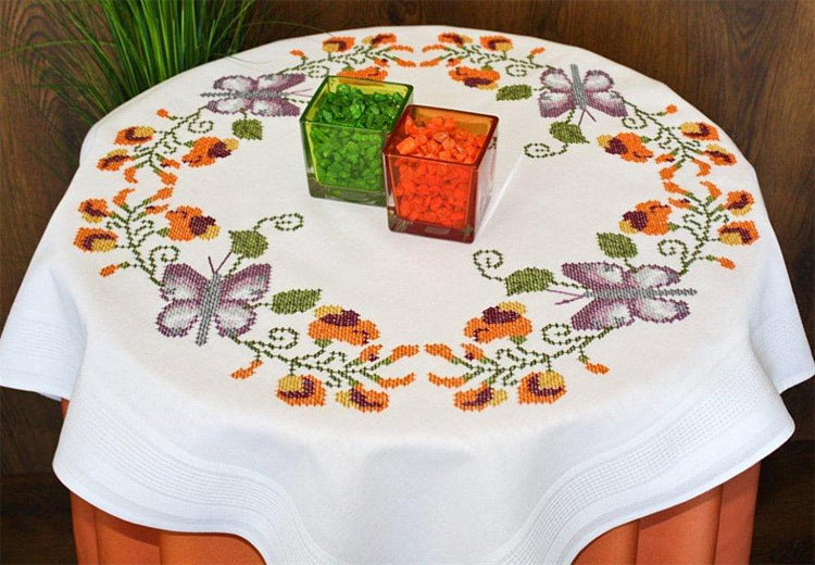 Deco-Line Butterfly with Flowers Tablecloth Stamped Cross Stitch Kit - 80cm x 80cm