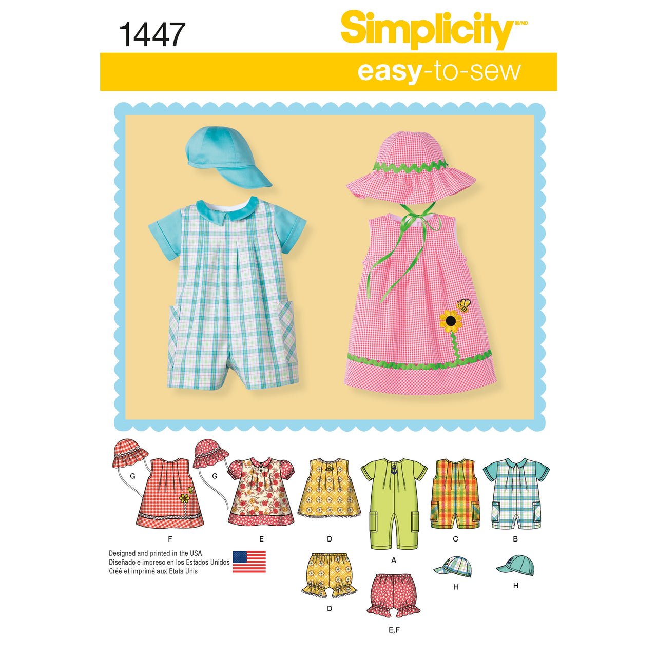Simplicity Babies' Romper, Dress, Top, Panties and Hats 1447 - Paper Pattern, Size A (XXS-XS-S-M-L)