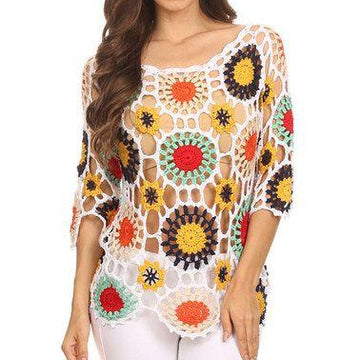 Crochet rainbow pullover.