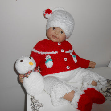 Christmas Snowman Newborn/ 0-3 Month Baby & Reborn Doll 5pc Set Cardigan Leggings Hat Bootees Toy Knitting Pattern