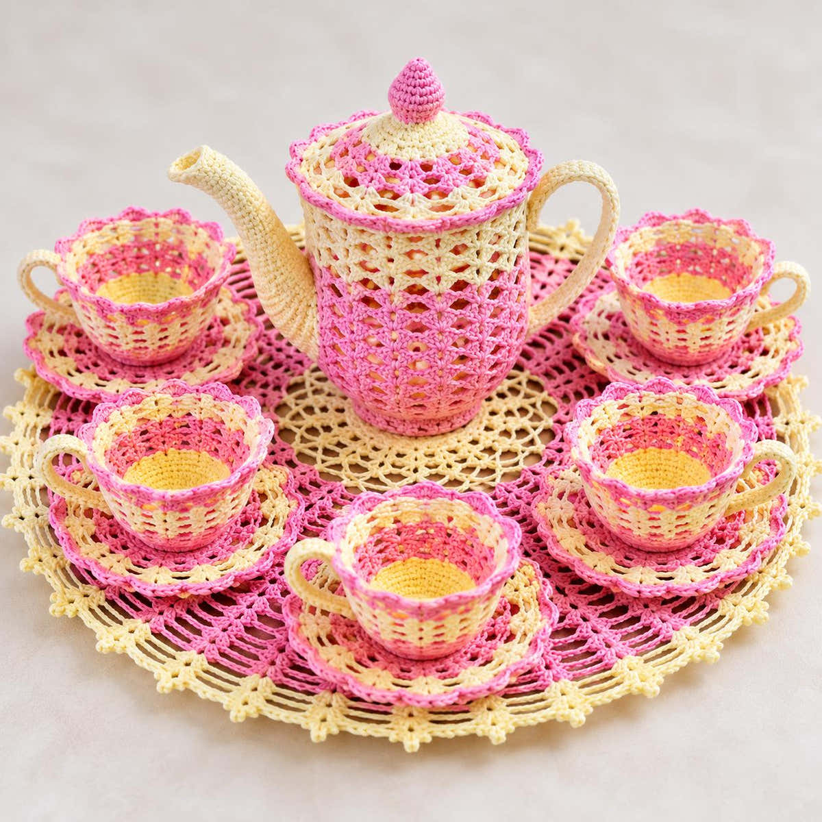 Crochet Tea Set Pattern – Teapot, Cups, Saucers & Doily PDF Pattern