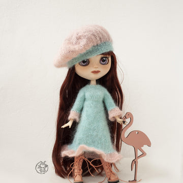 Mint and rose outfit for doll knitted flat