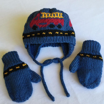 Fire Trucks Ear Flap Hat & Mittens to Match