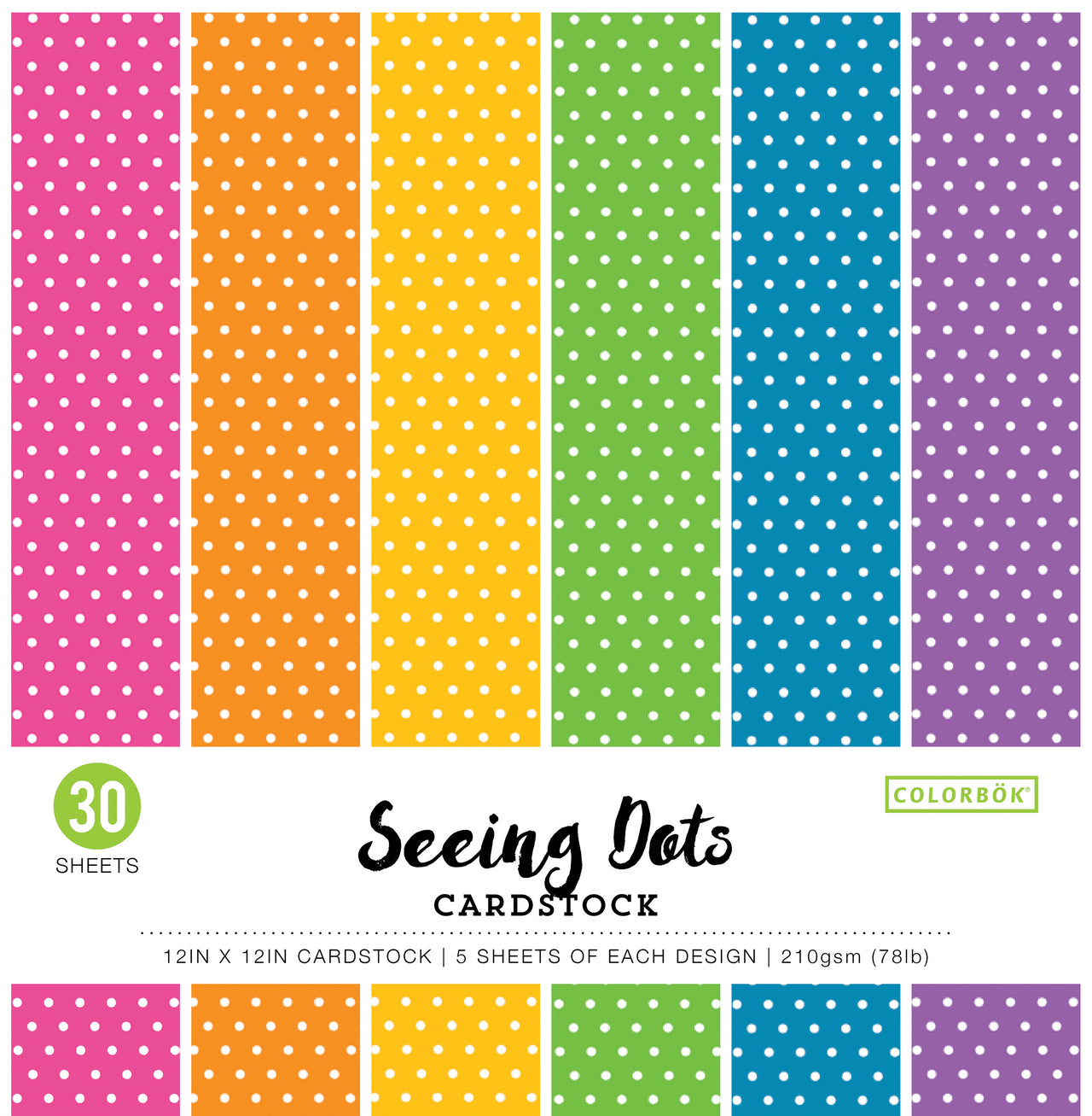 American Crafts Colorbok 78lb Single-Sided Printed Cardstock 12"X12" 30/Pkg - Bright Spots, 6 Colors/5 Each