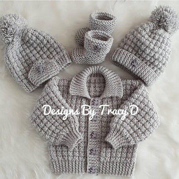 Noah baby cardigan, hat and booties knitting pattern 3 sizes 0-12mths