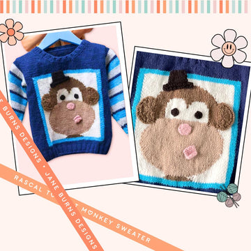 Rascal, Kids Monkey Motif Jumper, Fun Monkey Sweater Knitting Pattern