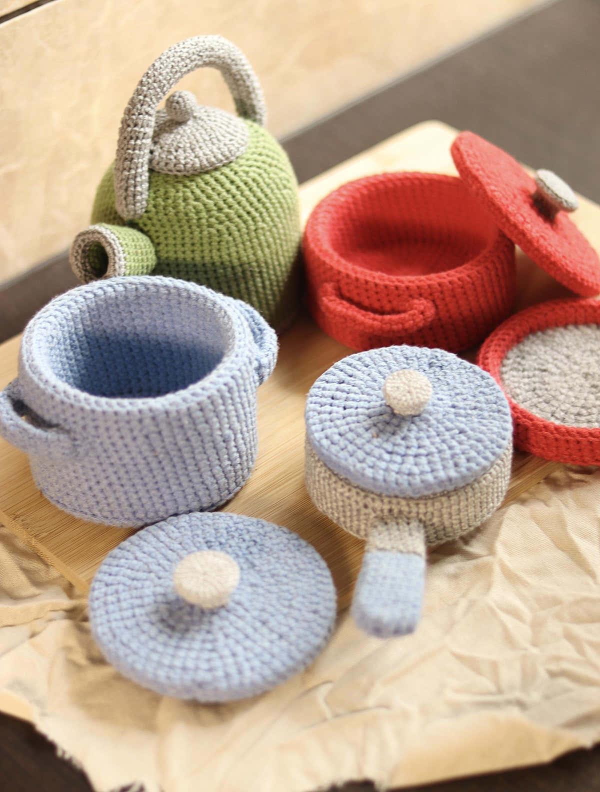 Crochet Kitchen Play Set Pattern: Teapot, Pots, Pan, Mug, Plate (PDF Pattern)