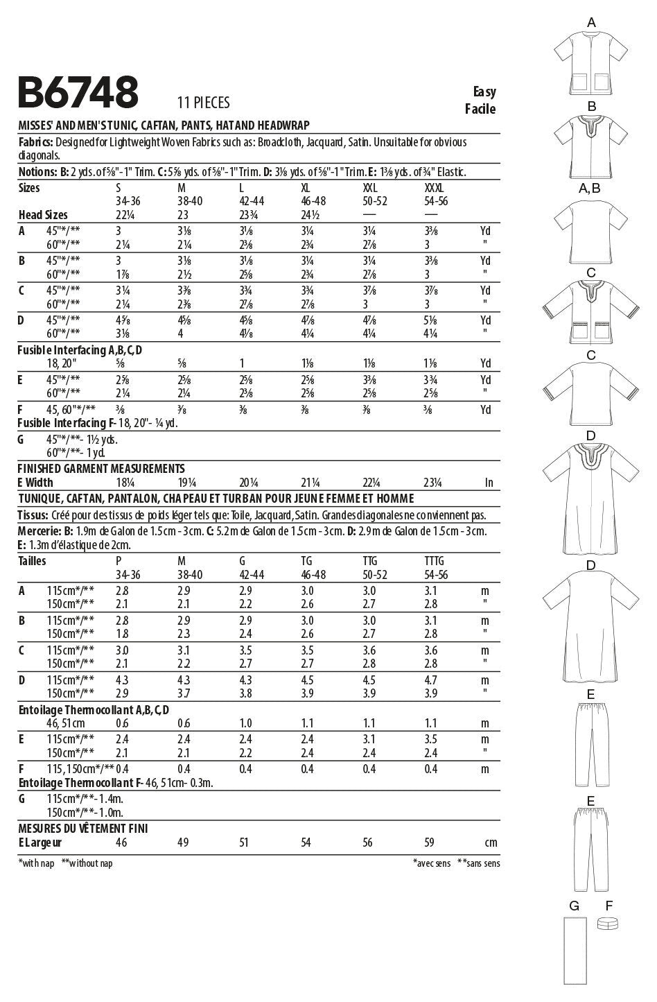 Butterick Misses'/Men's Tunic, Caftan, Pants, Hat and Head Wrap B6748 - Sewing Pattern