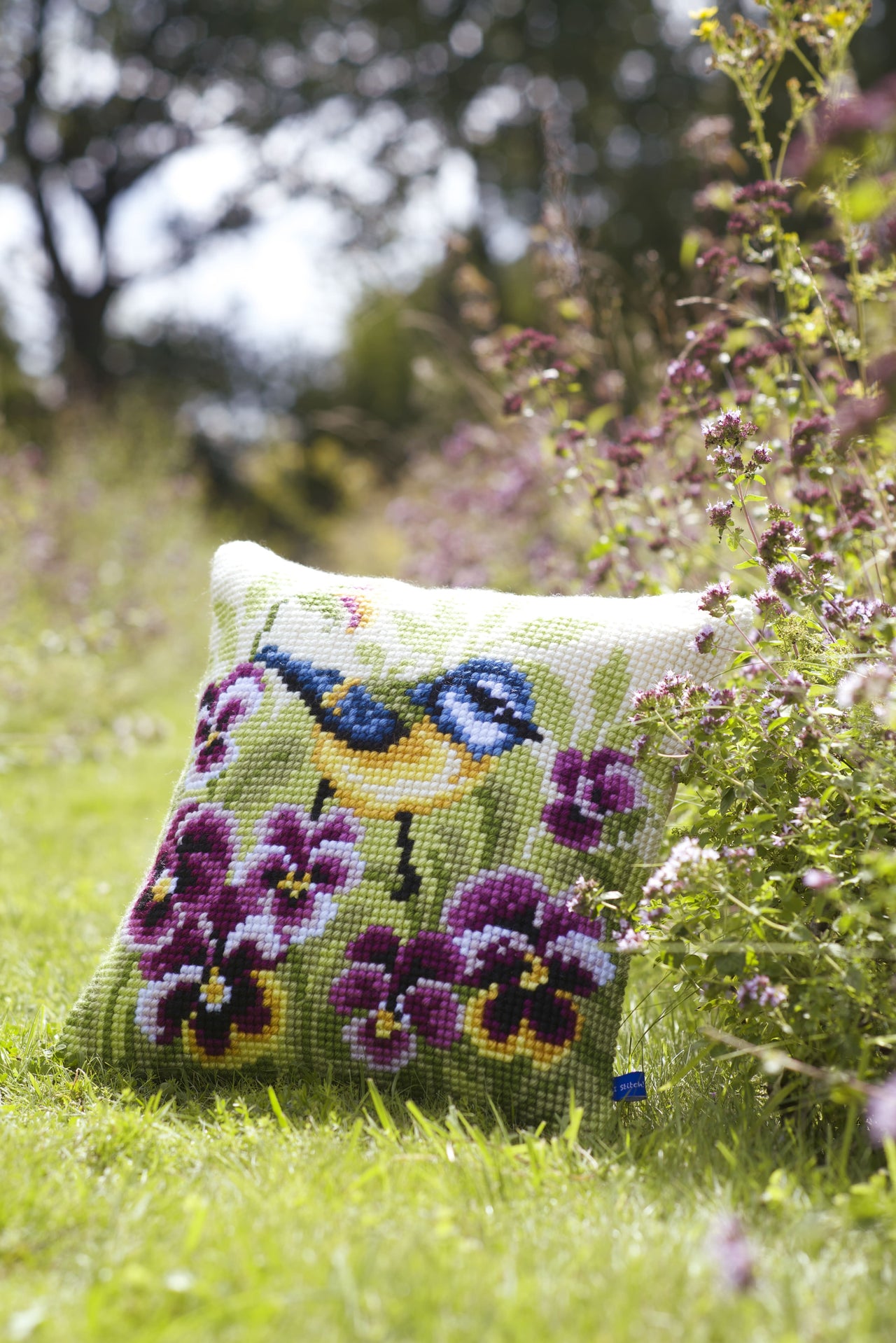 Vervaco Cross Stitch Cushion Kit Blue Tit On Pansies Cross Stitch Kit