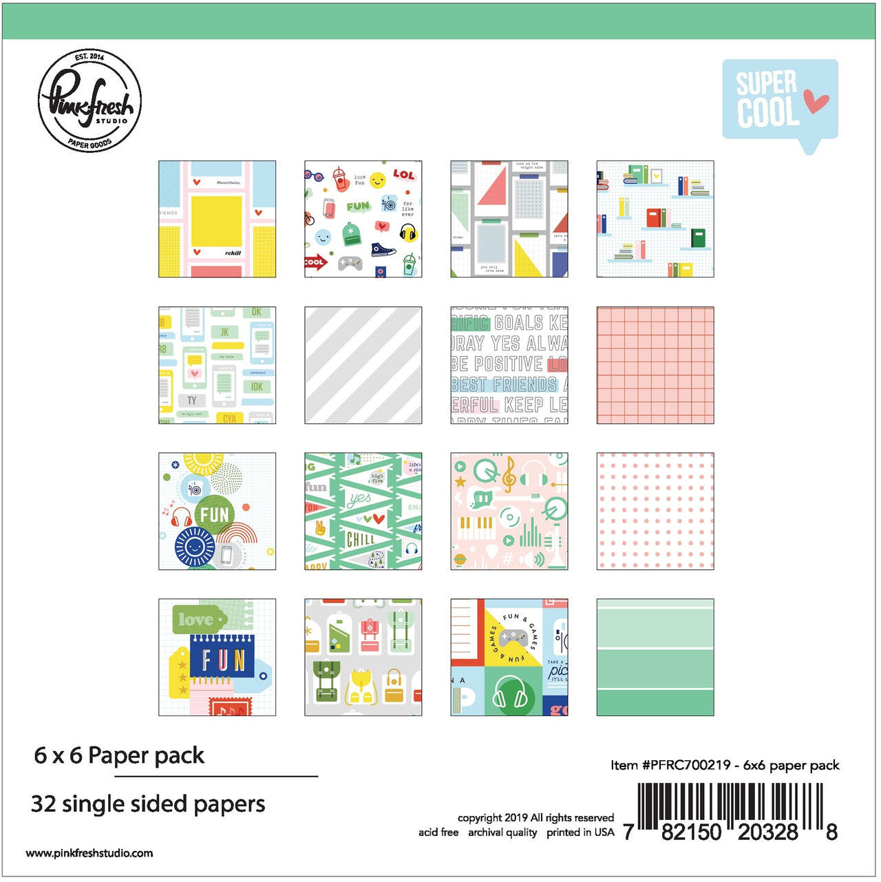 Pinkfresh Studio Single-Sided Paper Pack 6"X6" 32/Pkg - Super Cool, 16 Designs/2 Each