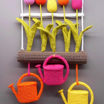 Tulips & watering cans hanging decoration - simple from scraps of yarn