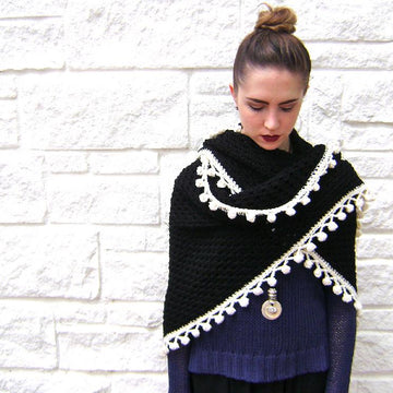 Midnight Granny Shawl with Pom Pom Fringe