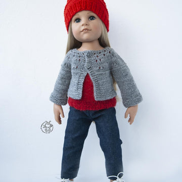 Gray and red outfit  knitted flat for 18in doll