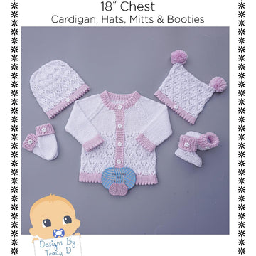 Raya  Baby Cardigan, Hats, Booties & Mitts knitting pattern 18 inch chest size