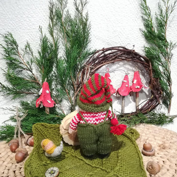 Forest Gnome Knitting Pattern – Soft Toy with Leaf Bed and Snail, beginners knit
