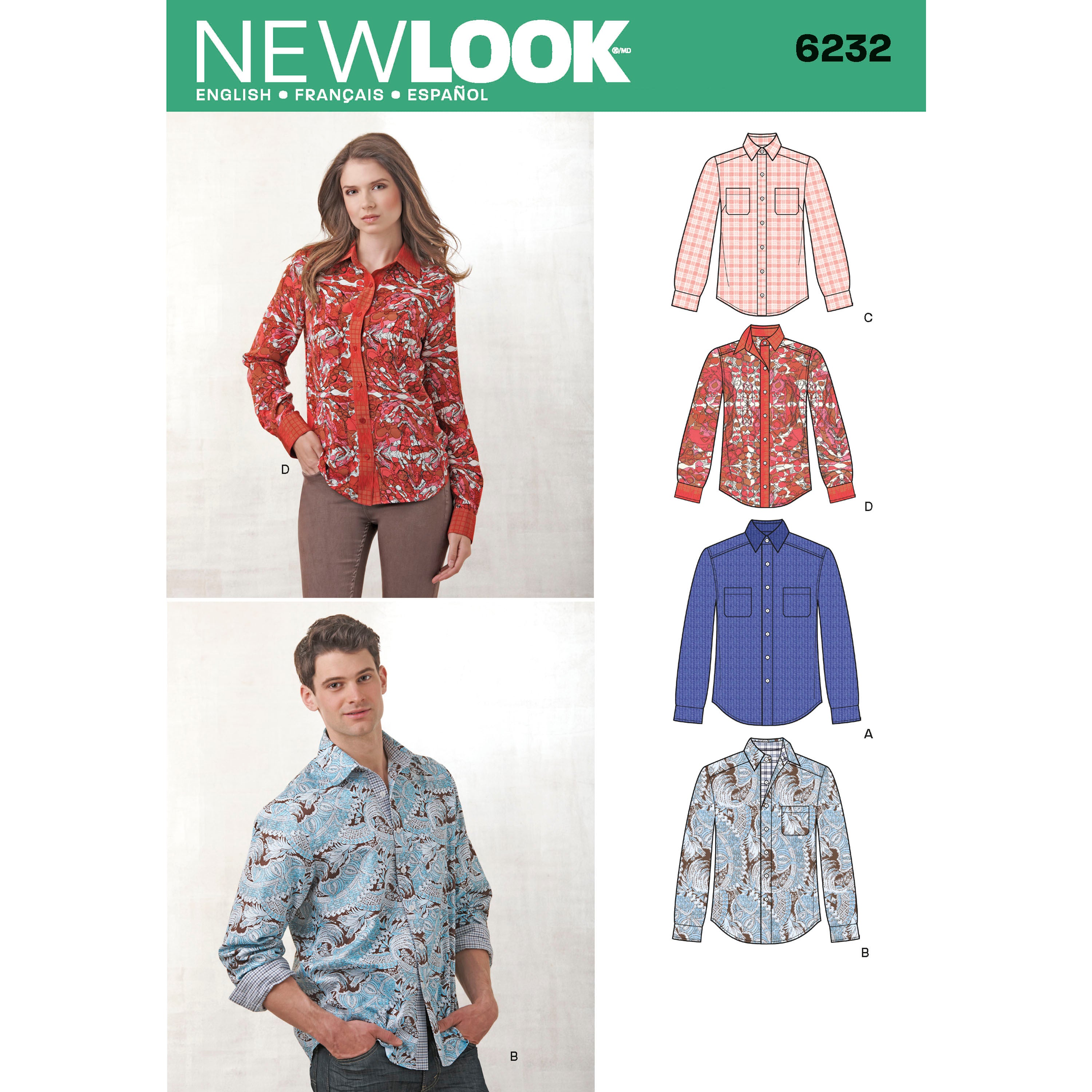 New Look Misses' and Men's Button Down Shirt 6232 - Paper Pattern, Size A (8 -18 / XS -XL)