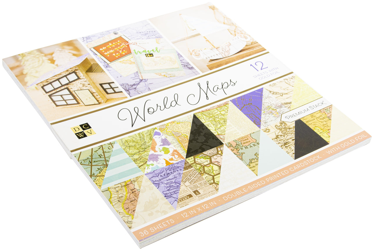 American Crafts DCWV Double-Sided Cardstock Stack 12"X12" 36/Pkg - World Maps W/Foil Accents