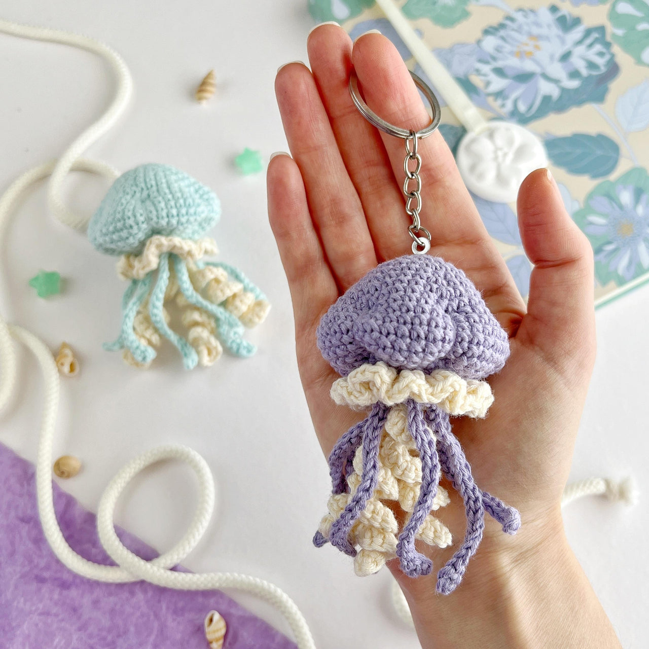 Jellyfish crochet keychain pattern Amigurumi keyring ocean animal toy Bag charm Car mirror hanging decor