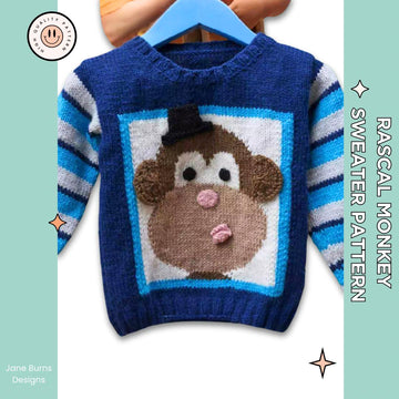 Rascal, Kids Monkey Motif Jumper, Fun Monkey Sweater Knitting Pattern