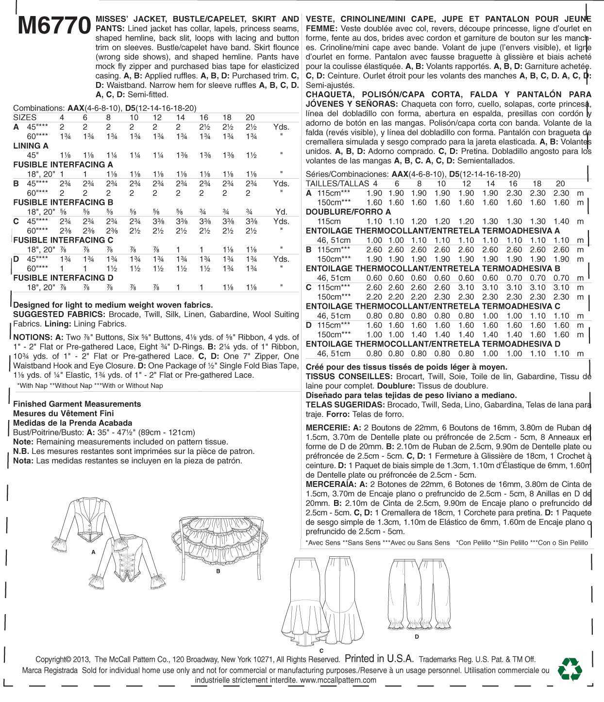 McCall's Misses' Jacket, Bustle/Capelet, Skirt and Pants M6770 - Sewing Pattern