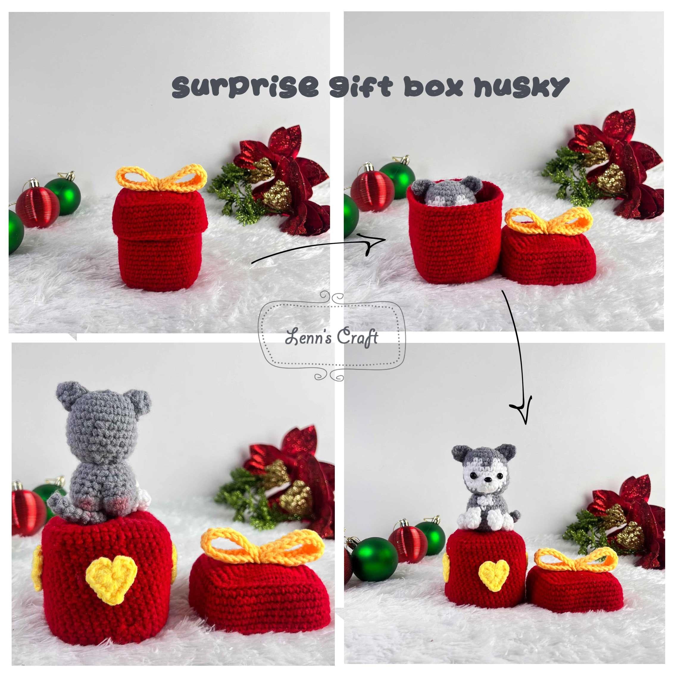 Reversible Christmas Amigurumi Pattern , Husky Puppy in Gift Box