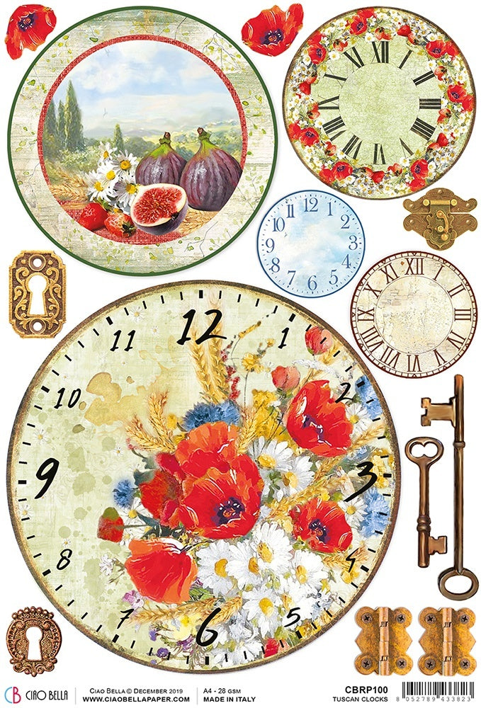 Ciao Bella Rice Paper Sheet A4 5/Pkg - Tuscan Clocks, Under The Tuscan Sun