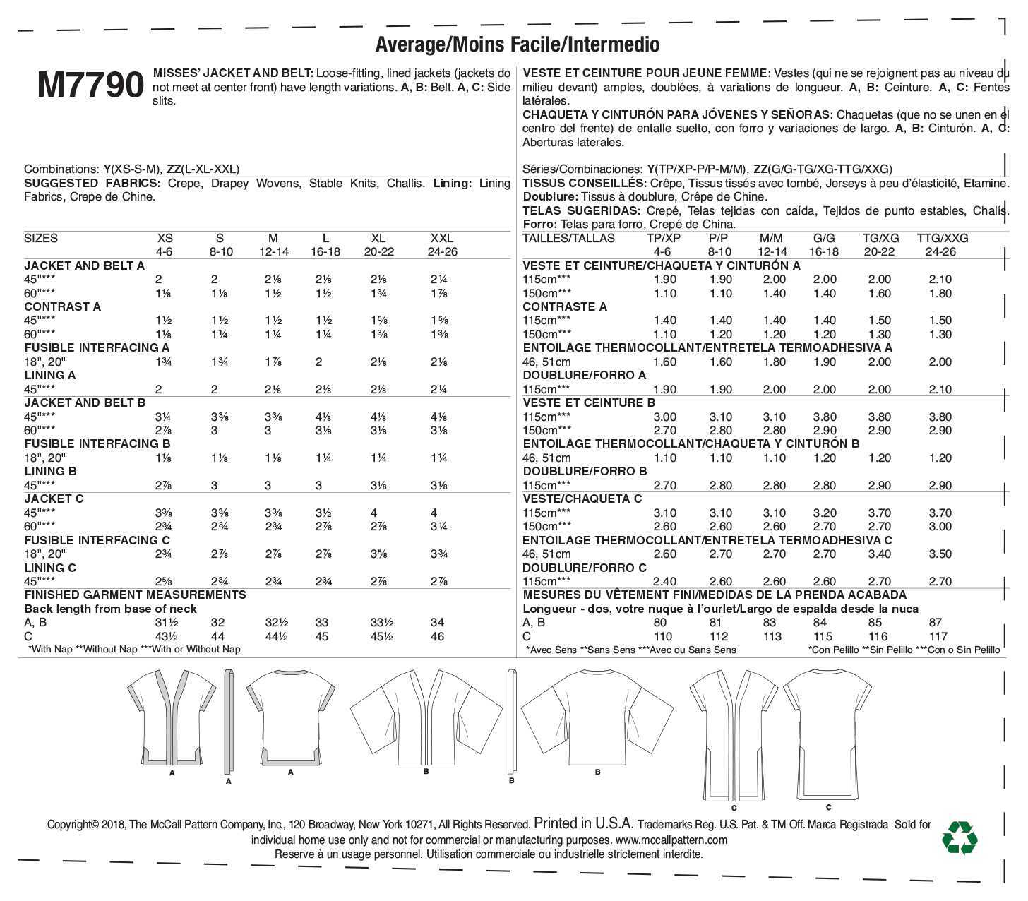 McCall's Misses' Jacket and Belt M7790 - Sewing Pattern