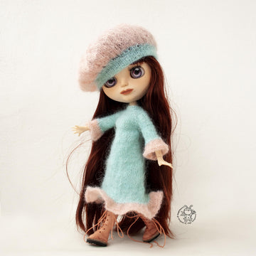 Mint and rose outfit for doll knitted flat
