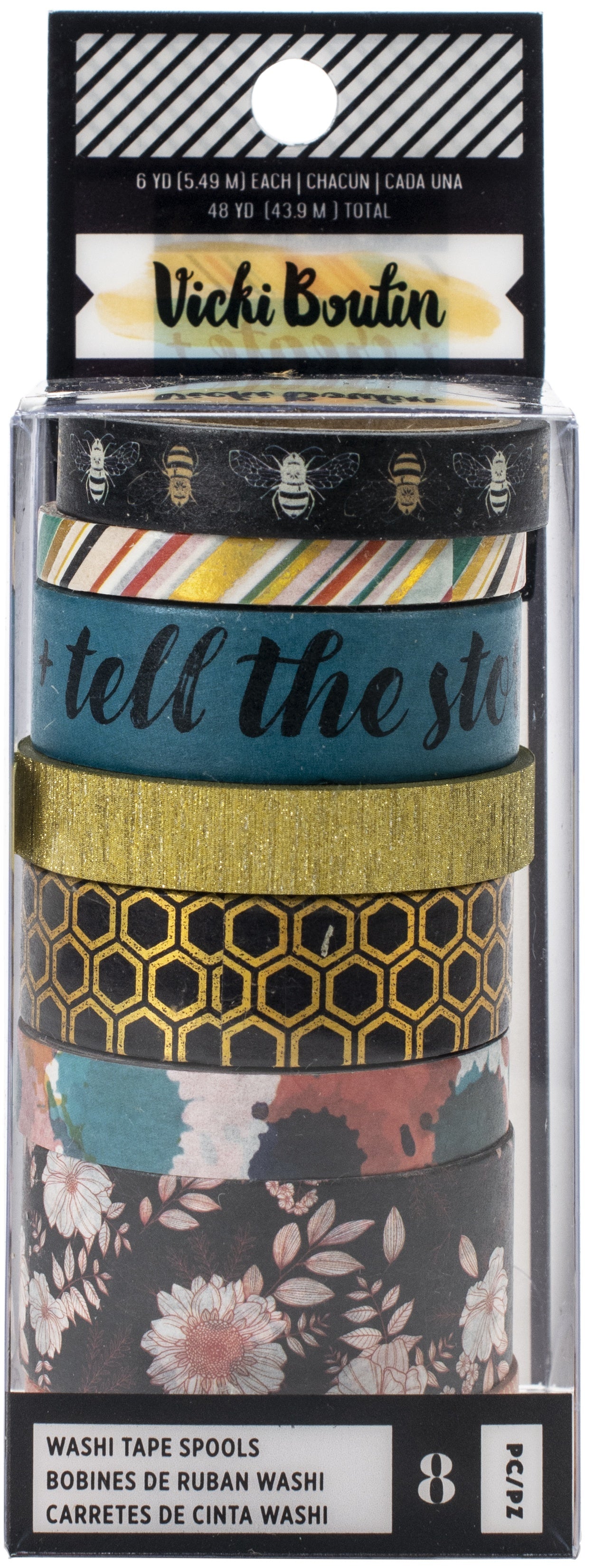 American Crafts Vicki Boutin Wildflower & Honey Washi Tape 8/Pkg - W/Gold Holographic Foil Accents