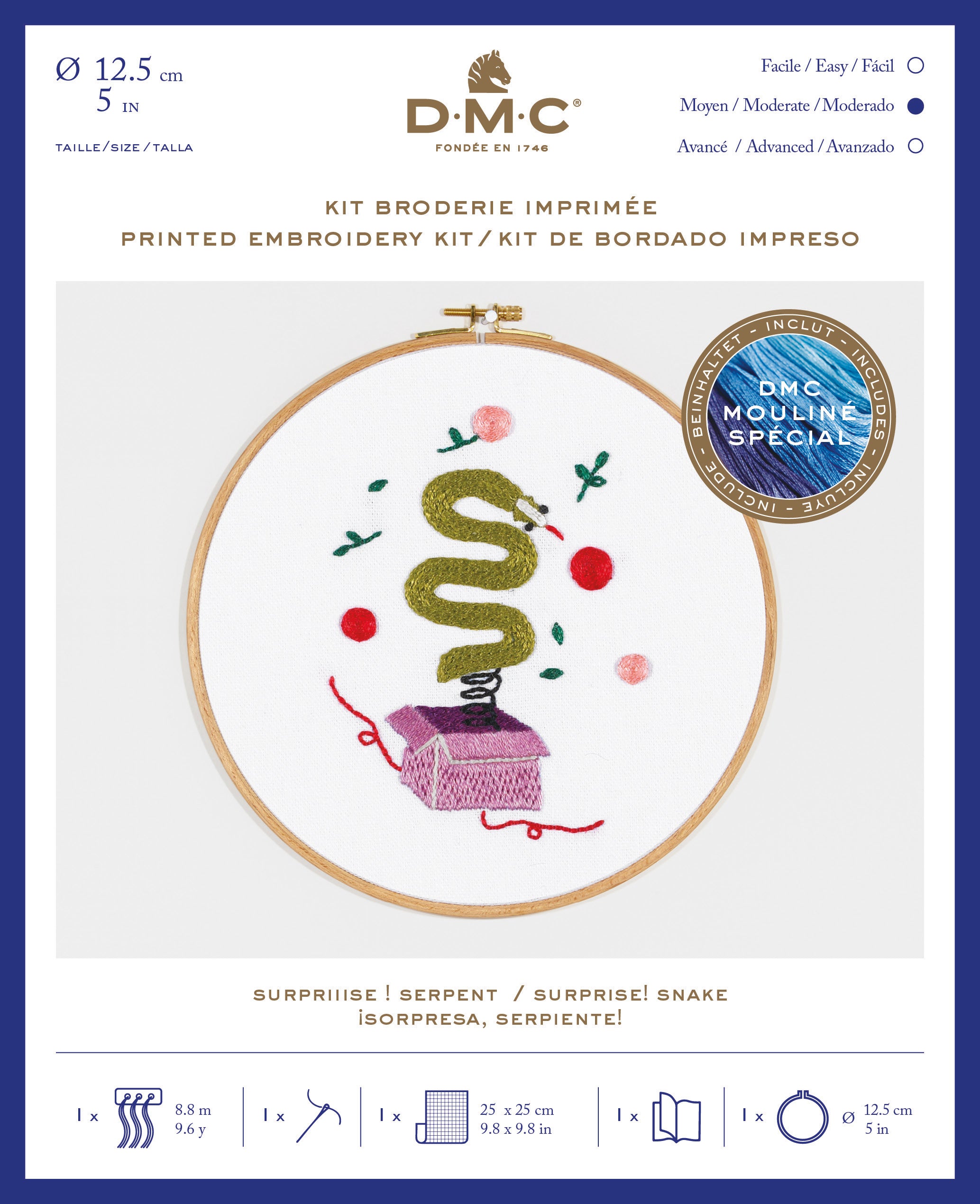 DMC Surprise! Snake (printed fabric, 5" hoop) Embroidery Kit - 25cm x 25cm