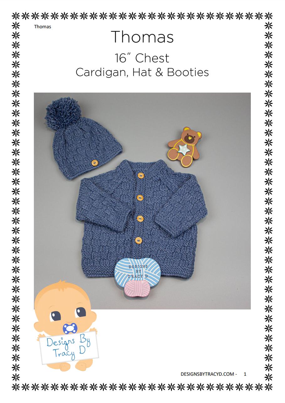 Thomas Baby Cardigan, Hat & Booties knitting pattern to fit 16" chest.