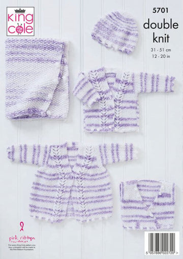 Matinee Coat, Cardigan, Waistcoat, Hat and Blanket in King Cole Baby Stripe DK - 5701 - Leaflet