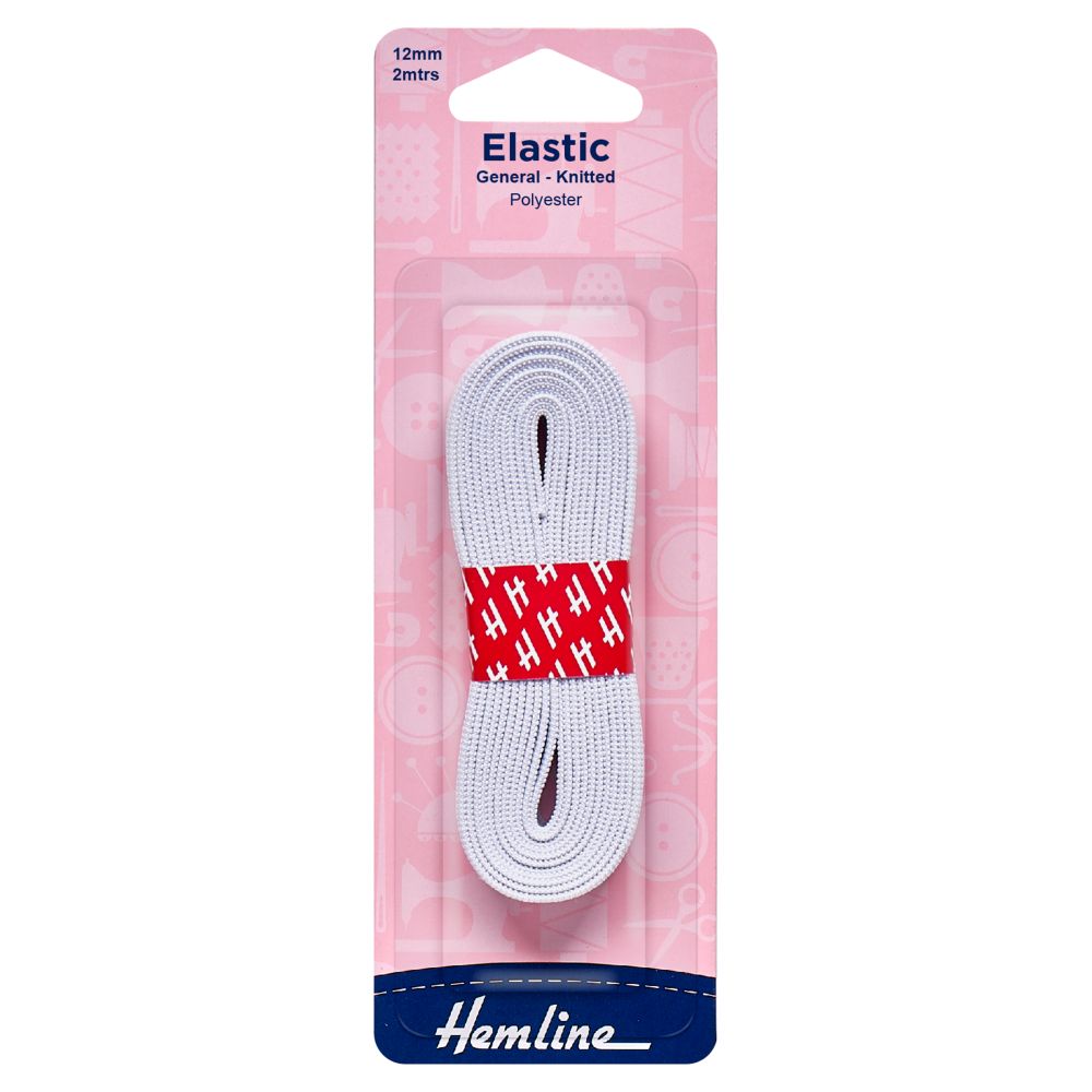 Hemline General Purpose Knitted Elastic: 2m x 12mm: White