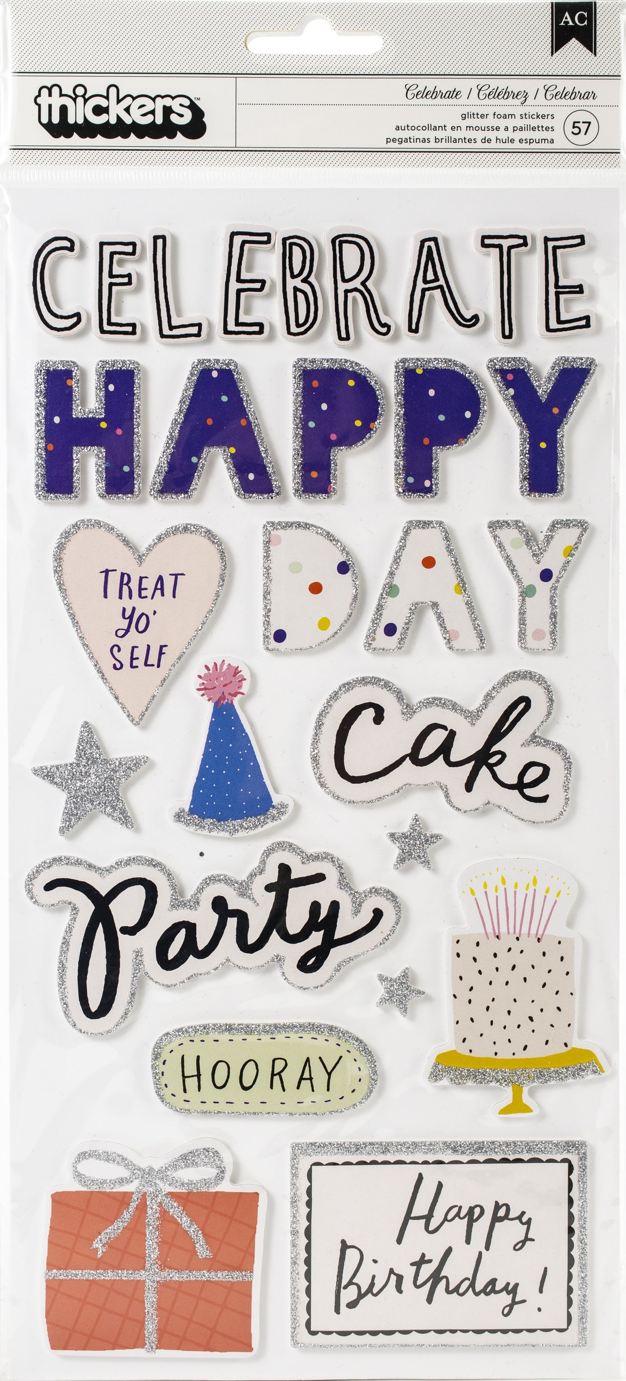 American Crafts Hooray Thickers Stickers 57/Pkg - Words & Icons/Foam W/Glitter Accents
