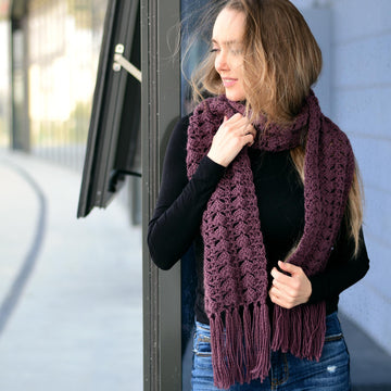 Aubergine crochet scarf with fringe