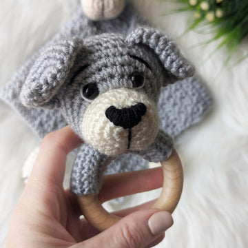 Crochet dog pattern, baby rattle dog amigurumi pattern, crochet baby gift idea