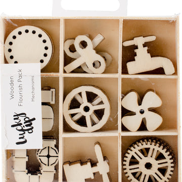 Kaisercraft Wood Mini Themed Embellishments - Mechanisms, 40/Pkg