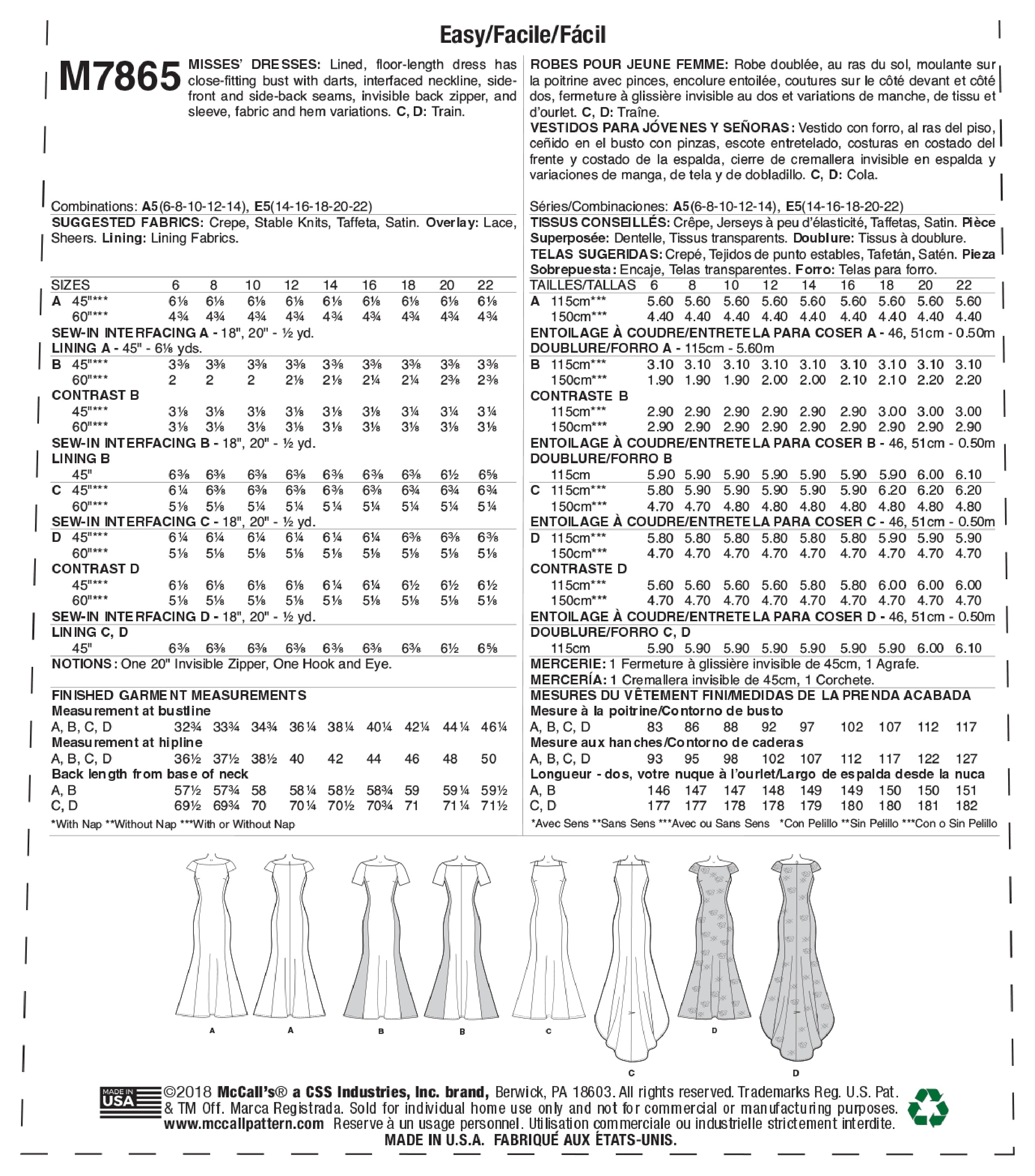 McCall's Misses' Dresses M7865 - Sewing Pattern