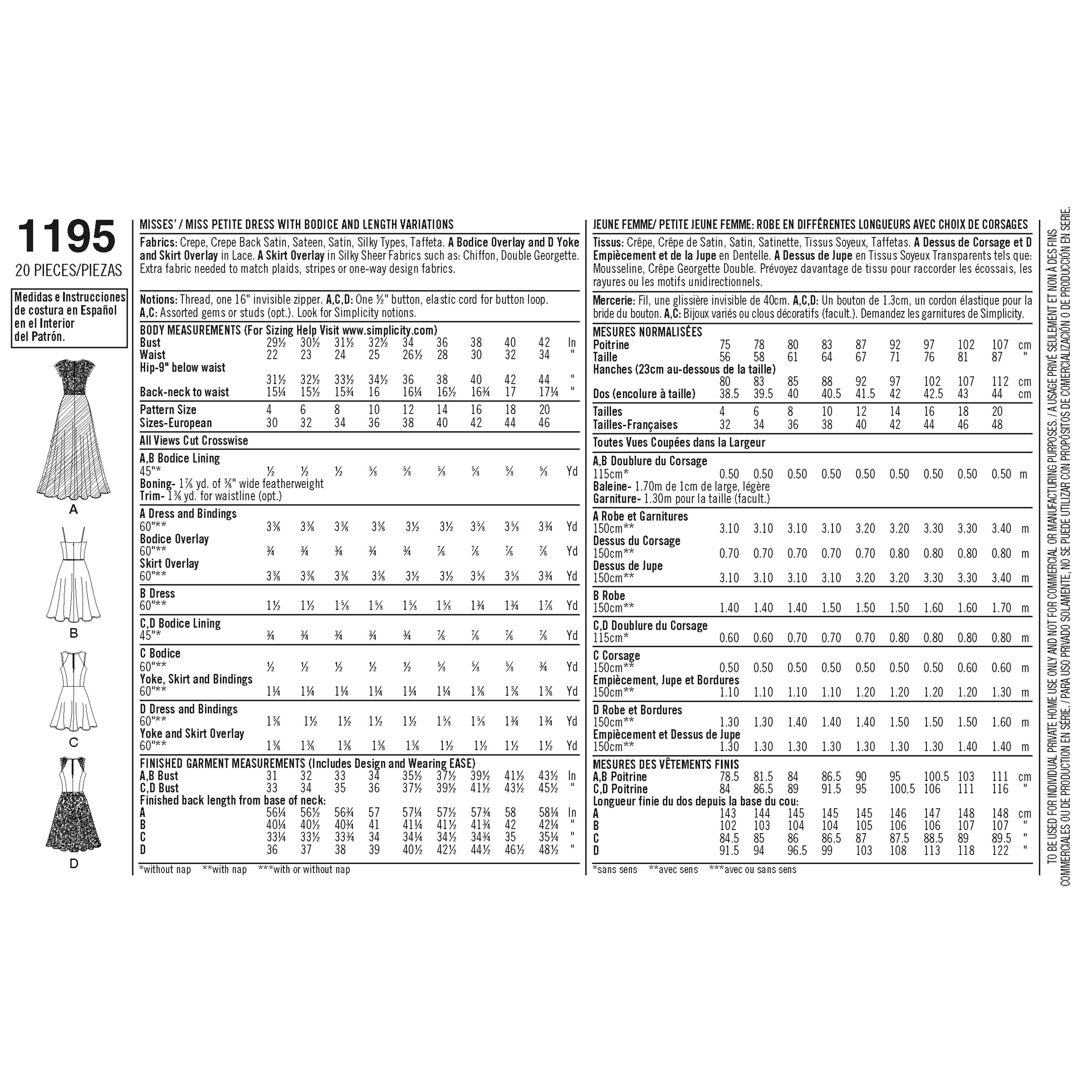 Simplicity Women's and Petite Special Occasion Dress 1195 - Sewing Pattern