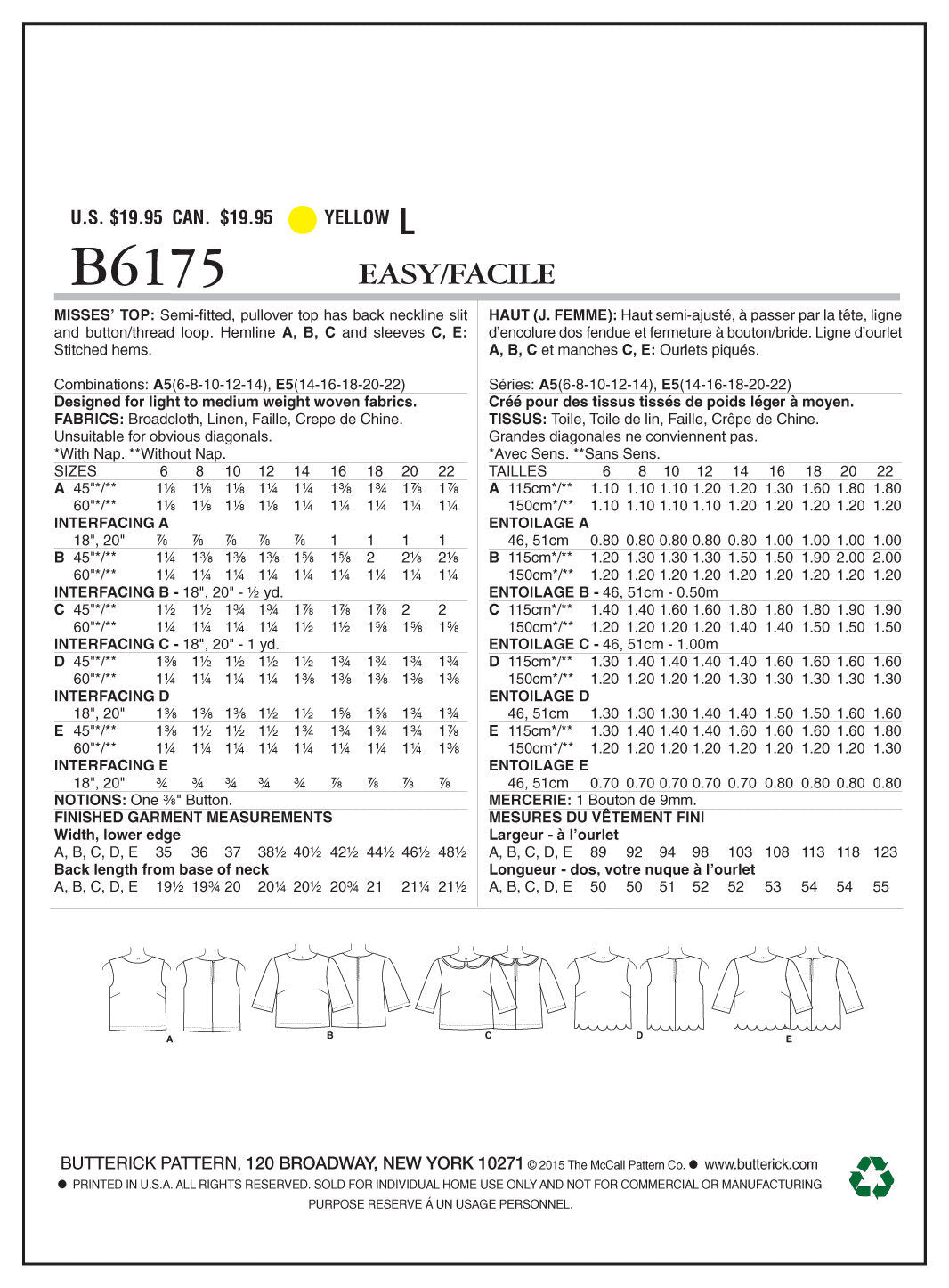 Butterick Misses' Top B6175 - Sewing Pattern