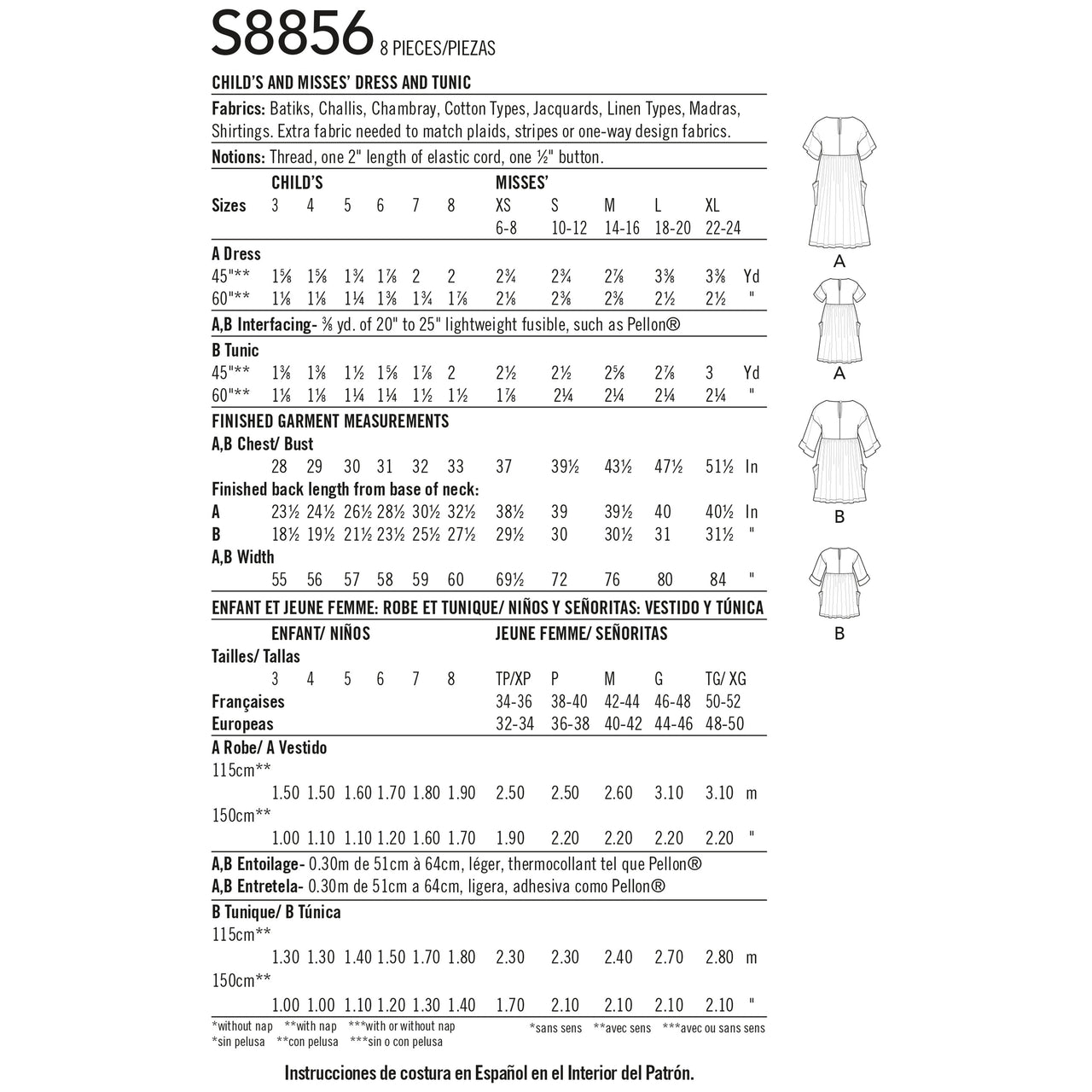 Simplicity S8856 Child's and Misses Dress and Tunic - Paper Pattern, Size A (3 - 8 /XS-XL)