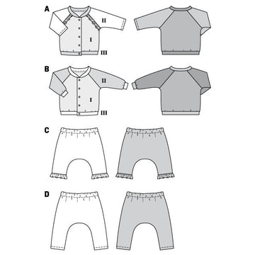 Burda Style Babies' Sweatjacket – Raglan Sleeve Jacket with Stand Collar – Pull-on Trousers/Pants 9297 - Paper Pattern, Size 1M - 3